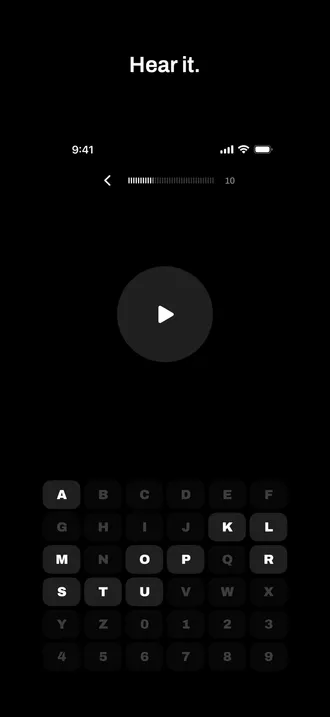 The listening drill: a play button above a keyboard of unlocked letters.