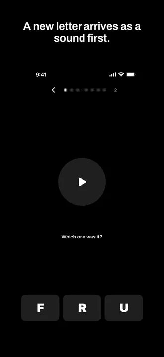 The unlock moment: the question Which one was it? above three guesses, F, R and U.